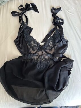 Adore Me Black Lace & Satin Tie-Shoulder nightgown